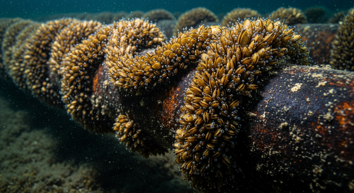 Mexilhão dourado aderido em tubulação submersa
